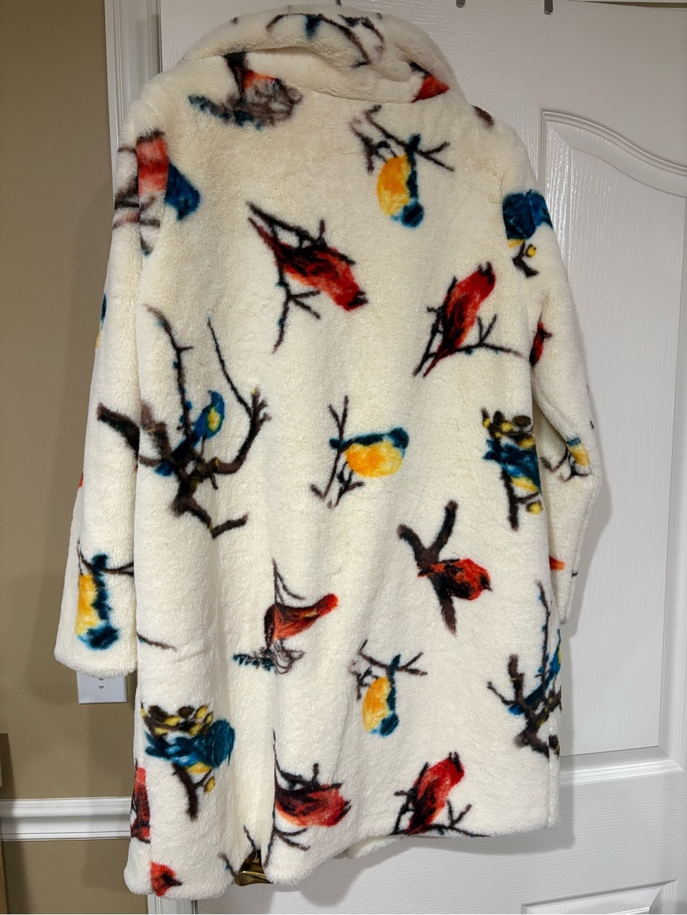 NWOT- Melody- Cream Faux-Fur Teddy Coat with Colorful Bird Motif - Picture 2 of 4